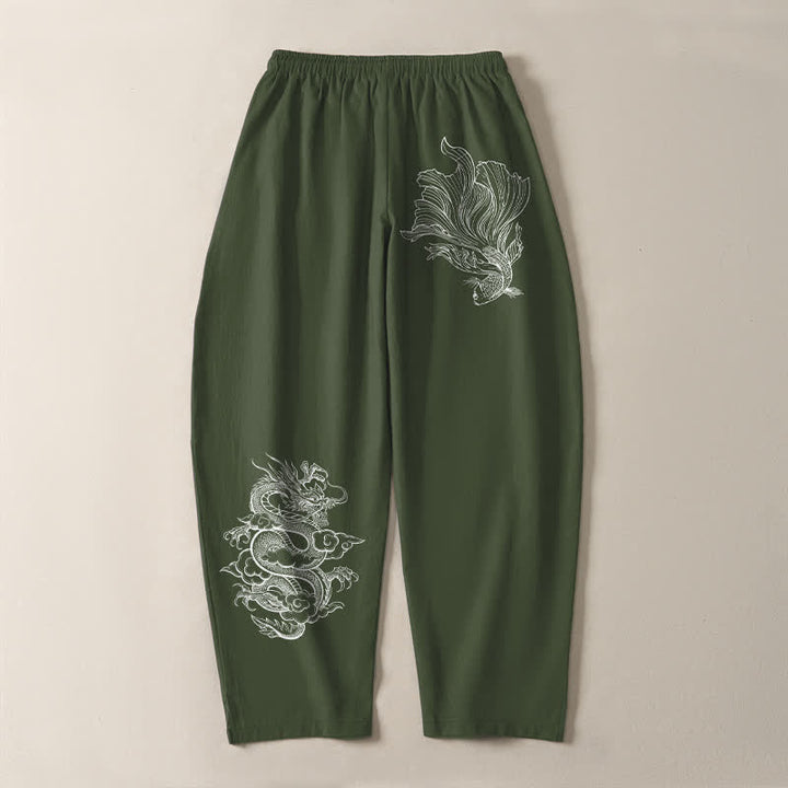 Buddha Stones Pantalones de hombre de algodón puro con estampado de dragones koi, cordón ajustable y corte cónico, con bolsillos. - image 14