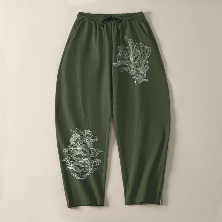 Buddha Stones Pantalones de hombre de algodón puro con estampado de dragones koi, cordón ajustable y corte cónico, con bolsillos. - image 13