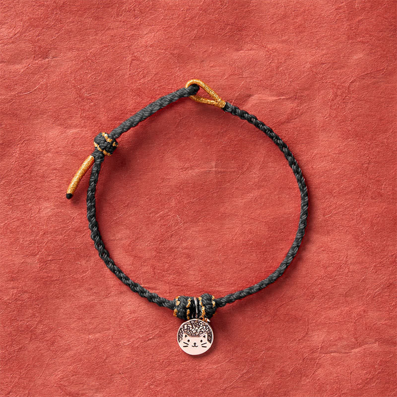 Buddha Stones Colgante redondo de plata de ley 925 con gatito comiendo pescado, símbolo de prosperidad, con pulsera trenzada de hilo rojo y negro. - image 14