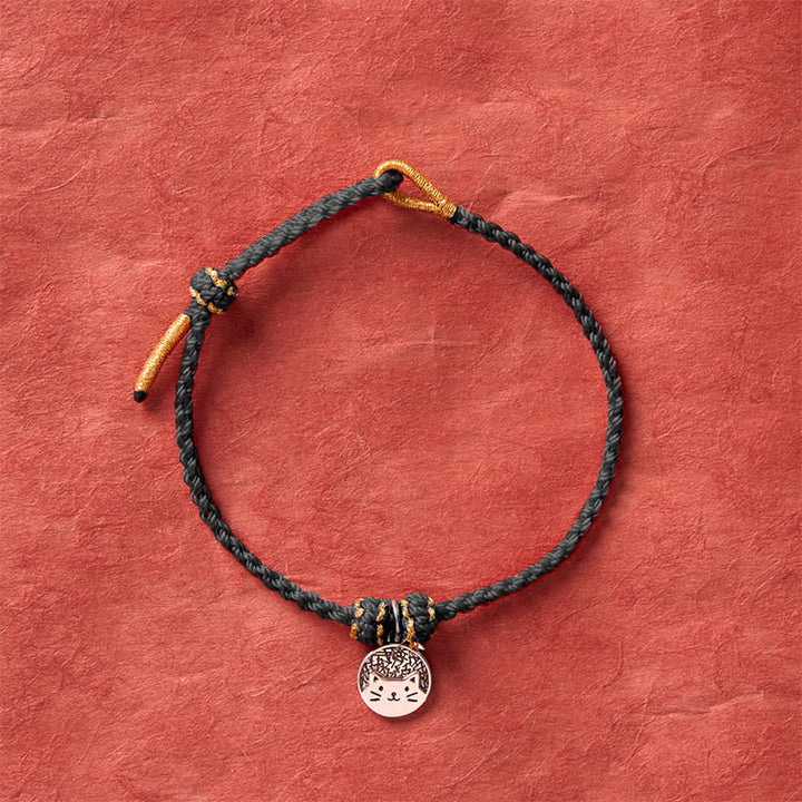 Buddha Stones Colgante redondo de plata de ley 925 con gatito comiendo pescado, símbolo de prosperidad, con pulsera trenzada de hilo rojo y negro. - image 14