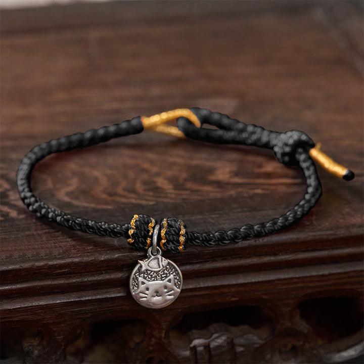 Buddha Stones Colgante redondo de plata de ley 925 con gatito comiendo pescado, símbolo de prosperidad, con pulsera trenzada de hilo rojo y negro. - Negro (circunferencia de la muñeca: 14-18 cm) - image 13