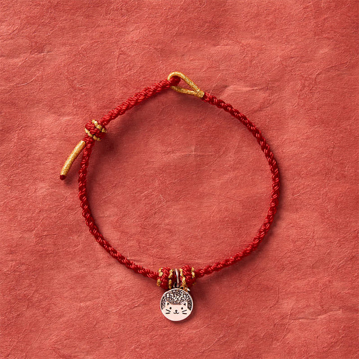 Buddha Stones Colgante redondo de plata de ley 925 con gatito comiendo pescado, símbolo de prosperidad, con pulsera trenzada de hilo rojo y negro. - image 11