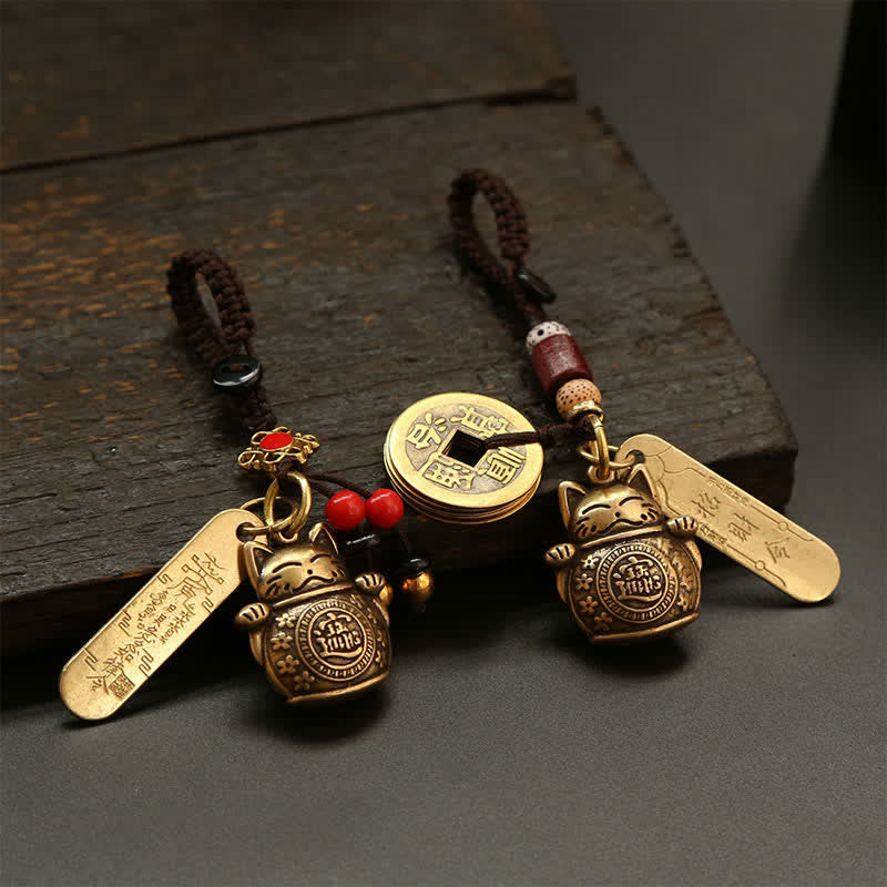 Buddha Stones Llaveros de latón con forma de gato de la suerte y monedas chinas de la fortuna - image 12