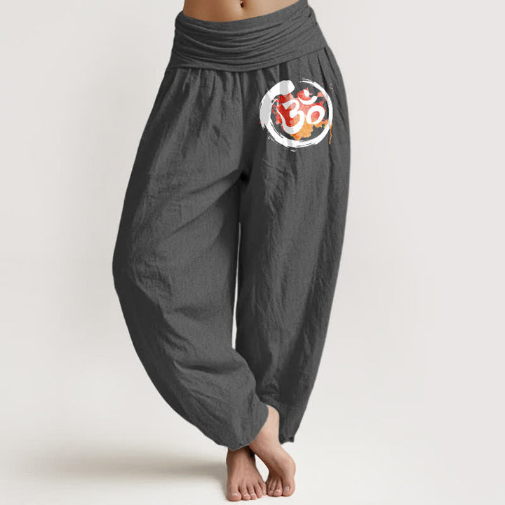 Buddha Stones Pantalones harem de mujer con cintura elástica, estampado de círculos negros y símbolos rojos, de algodón puro para mujer. - Gris oscuro - US16，UK/AU20，EU48 (3XL) - image 11