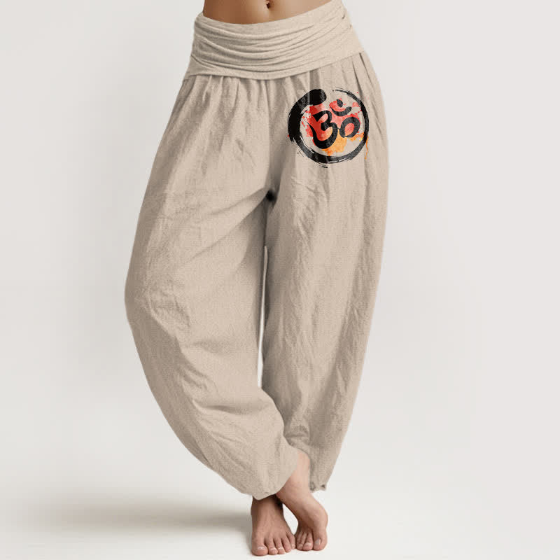Buddha Stones Pantalones harem de mujer con cintura elástica, estampado de círculos negros y símbolos rojos, de algodón puro para mujer. - Broncearse - US16，UK/AU20，EU48 (3XL) - image 0