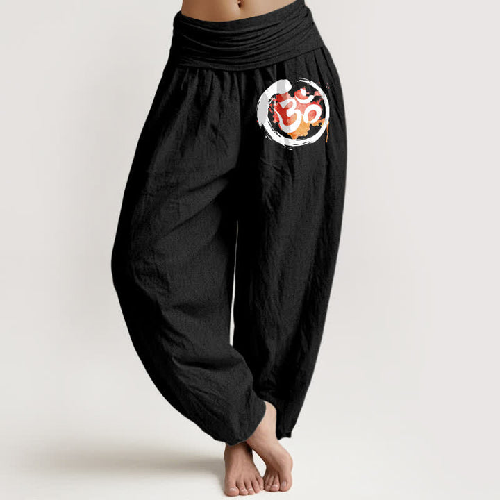 Buddha Stones Pantalones harem de mujer con cintura elástica, estampado de círculos negros y símbolos rojos, de algodón puro para mujer. - Negro - US16，UK/AU20，EU48 (3XL) - image 5