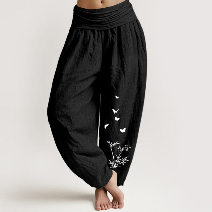 Buddha Stones Pantalones harem de algodón puro con estampado de mariposas y hojas de bambú para mujer con cintura elástica. - Negro - US16，UK/AU20，EU48 (3XL) - image 11