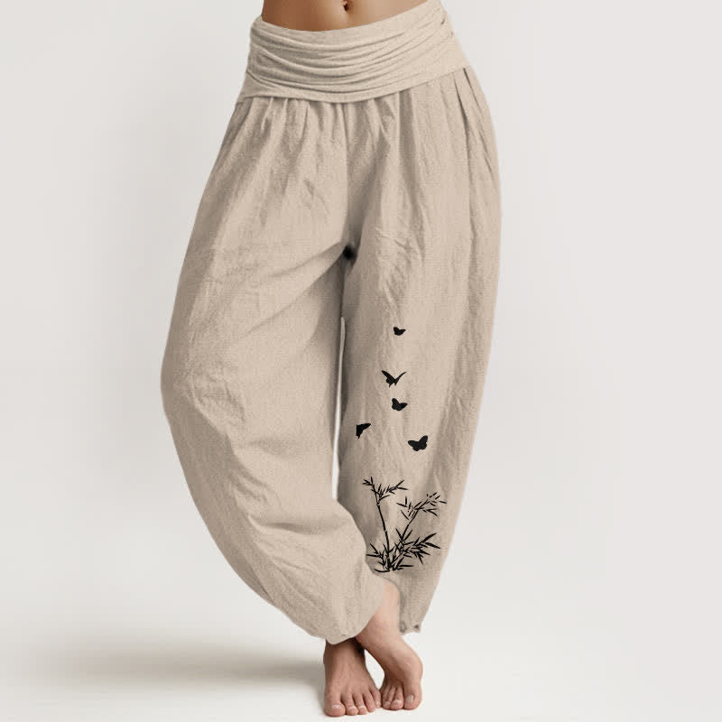 Buddha Stones Pantalones harem de algodón puro con estampado de mariposas y hojas de bambú para mujer con cintura elástica. - Broncearse - US16，UK/AU20，EU48 (3XL) - image 14