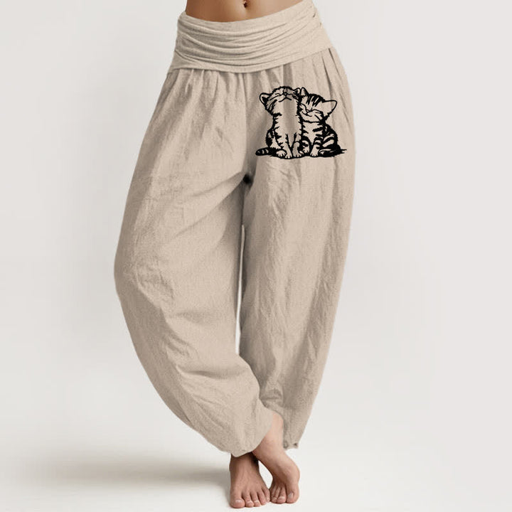 Buddha Stones Pantalones harem de mujer con cintura elástica y estampado de gato blanco, de algodón puro. - Broncearse - US16，UK/AU20，EU48 (3XL) - image 14