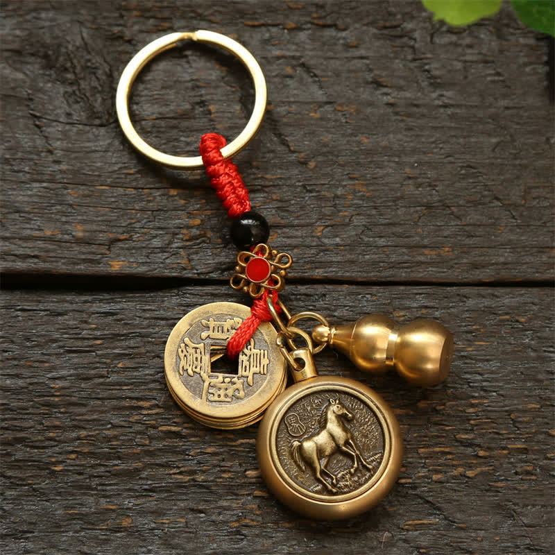 Buddha Stones Llaveros de cobre con monedas del zodíaco chino de los cinco emperadores y cordón rojo para la riqueza - Caballo - image 14