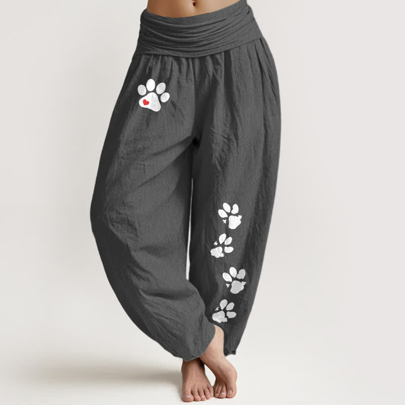 Buddha Stones Pantalones harem de mujer con cintura elástica y estampado de huellas de patas blancas, de algodón puro. - Gris oscuro - US16，UK/AU20，EU48 (3XL) - image 5
