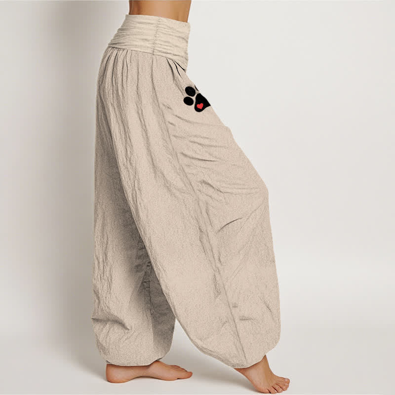 Buddha Stones Pantalones harem de mujer con cintura elástica y estampado de huellas de patas blancas, de algodón puro. - image 15