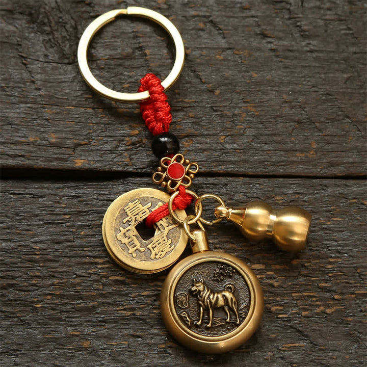 Buddha Stones Llaveros de cobre con monedas del zodíaco chino de los cinco emperadores y cordón rojo para la riqueza - Perro - image 19