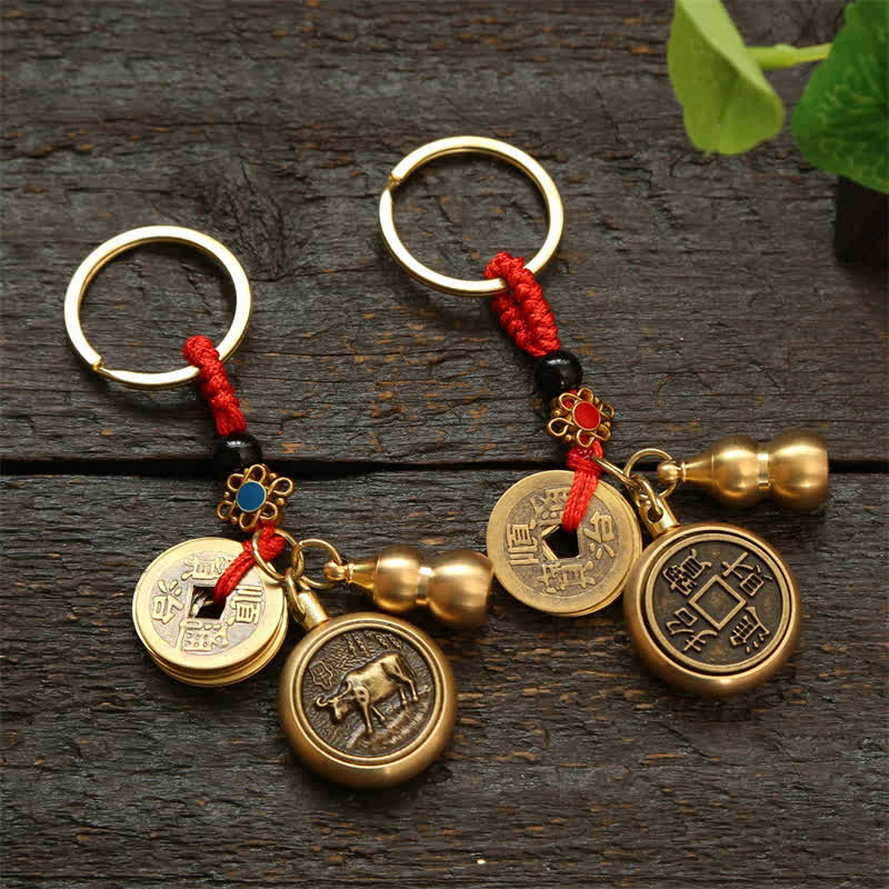 Buddha Stones Llaveros de cobre con monedas del zodíaco chino de los cinco emperadores y cordón rojo para la riqueza - image 27