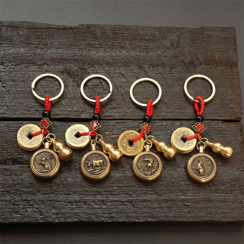 Buddha Stones Llaveros de cobre con monedas del zodíaco chino de los cinco emperadores y cordón rojo para la riqueza - image 31