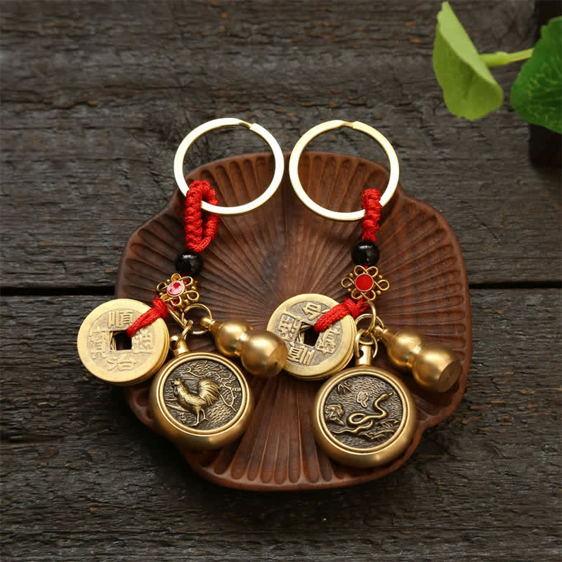 Buddha Stones Llaveros de cobre con monedas del zodíaco chino de los cinco emperadores y cordón rojo para la riqueza - image 23