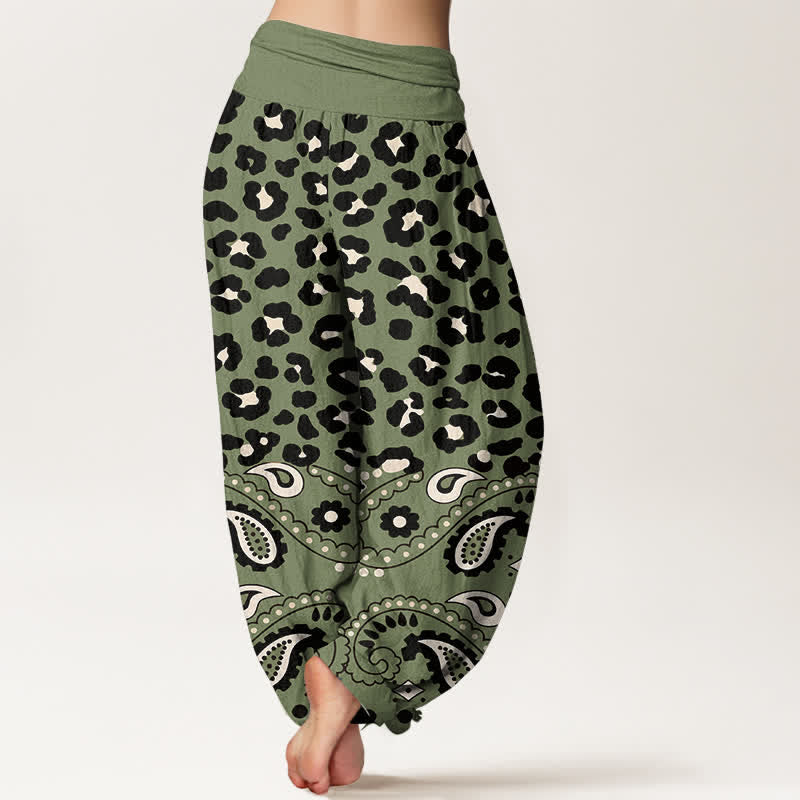 Buddha Stones Pantalones harem de algodón color oliva con estampado de leopardo y cachemir para mujer, con cintura elástica. - image 2