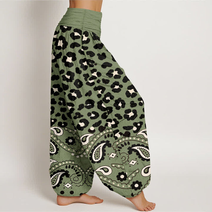 Buddha Stones Pantalones harem de algodón color oliva con estampado de leopardo y cachemir para mujer, con cintura elástica. - image 1
