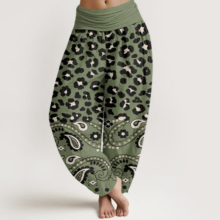 Buddha Stones Pantalones harem de algodón color oliva con estampado de leopardo y cachemir para mujer, con cintura elástica. - Verde oliva - US16，UK/AU20，EU48 (3XL) - image 0