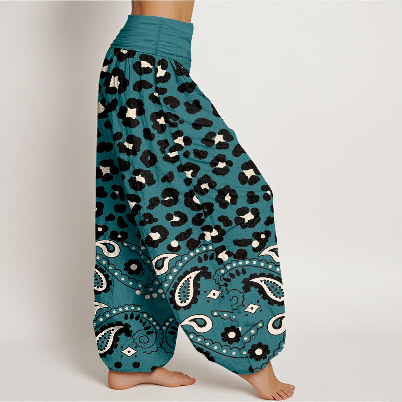 Buddha Stones Pantalones harem de algodón color oliva con estampado de leopardo y cachemir para mujer, con cintura elástica. - image 6