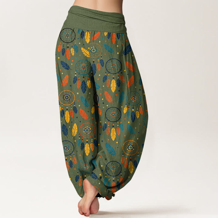 Buddha Stones Pantalones harem de mujer con cintura elástica y estampado de plumas y atrapasueños de algodón. - image 7