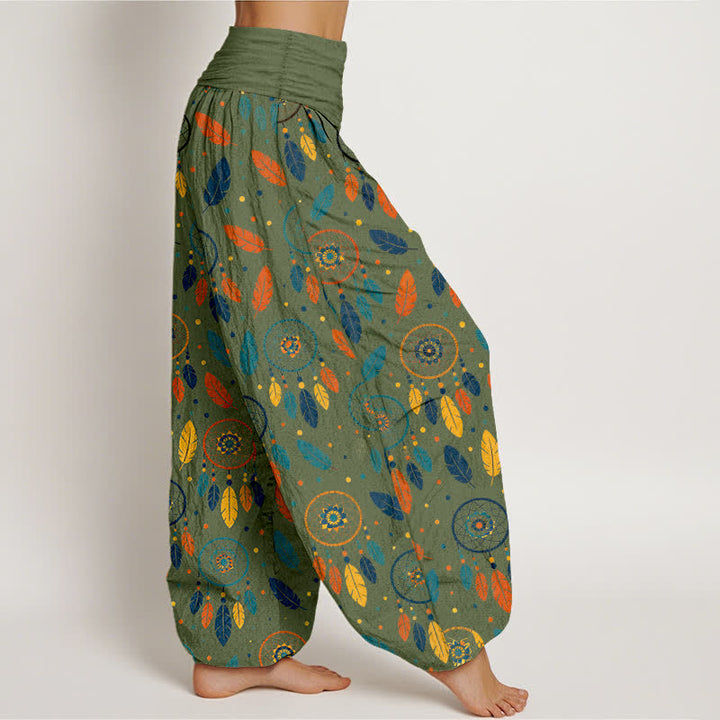 Buddha Stones Pantalones harem de mujer con cintura elástica y estampado de plumas y atrapasueños de algodón. - image 6