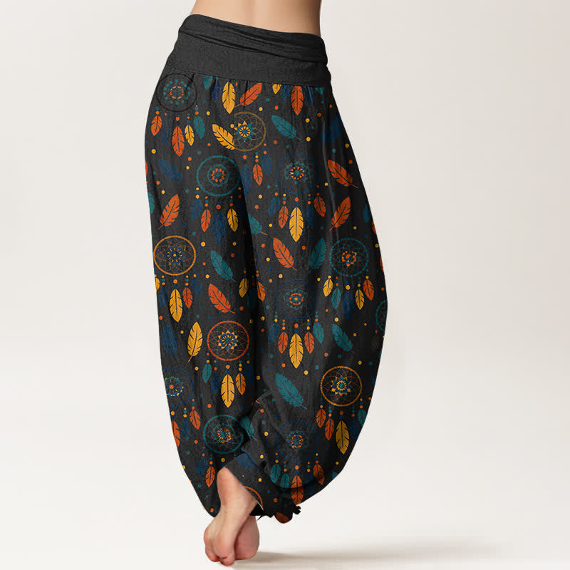 Buddha Stones Pantalones harem de mujer con cintura elástica y estampado de plumas y atrapasueños de algodón. - image 10