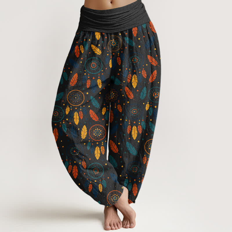 Buddha Stones Pantalones harem de mujer con cintura elástica y estampado de plumas y atrapasueños de algodón. - Negro - US16，UK/AU20，EU48 (3XL) - image 8