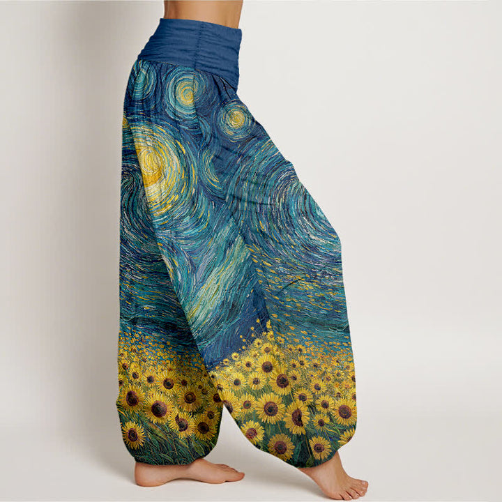Buddha Stones Pantalones harem de algodón con estampado de girasoles y noche estrellada para mujer, con cintura elástica. - image 1