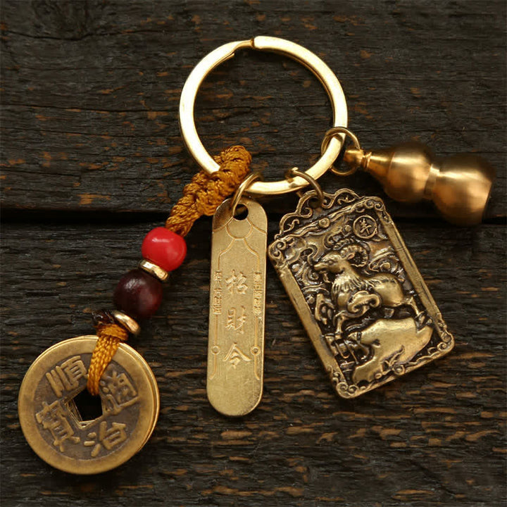 Buddha Stones Llaveros de protección con forma de calabaza, monedas de cobre del zodíaco chino de los cinco emperadores - Cabra - image 0