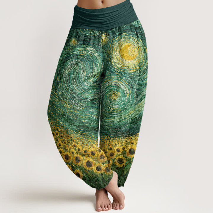 Buddha Stones Pantalones harem de algodón con estampado de girasoles y noche estrellada para mujer, con cintura elástica. - Verdemar - US16，UK/AU20，EU48 (3XL) - image 5