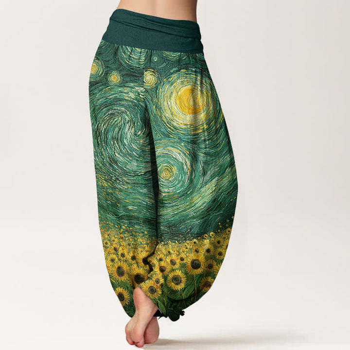 Buddha Stones Pantalones harem de algodón con estampado de girasoles y noche estrellada para mujer, con cintura elástica. - image 7