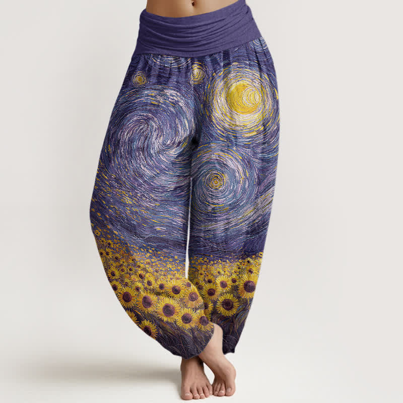 Buddha Stones Pantalones harem de algodón con estampado de girasoles y noche estrellada para mujer, con cintura elástica. - Violeta azul - US16，UK/AU20，EU48 (3XL) - image 8