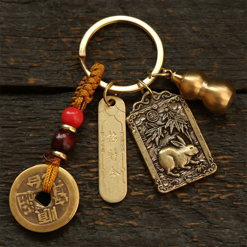 Buddha Stones Llaveros de protección con forma de calabaza, monedas de cobre del zodíaco chino de los cinco emperadores - Conejo - image 4
