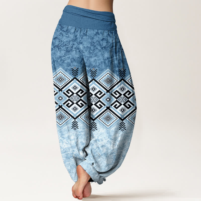 Buddha Stones Pantalones harem de algodón con estampado geométrico tribal para mujer con cintura elástica. - image 7