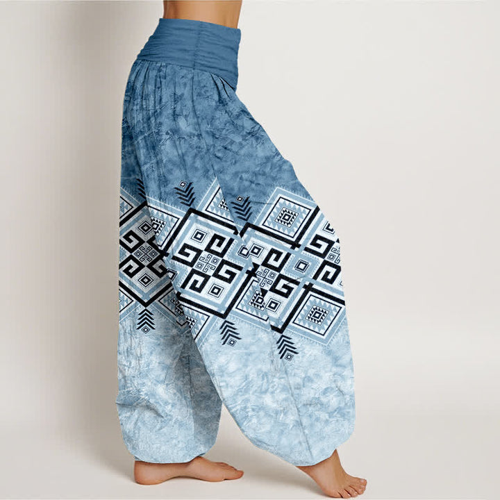 Buddha Stones Pantalones harem de algodón con estampado geométrico tribal para mujer con cintura elástica. - image 6
