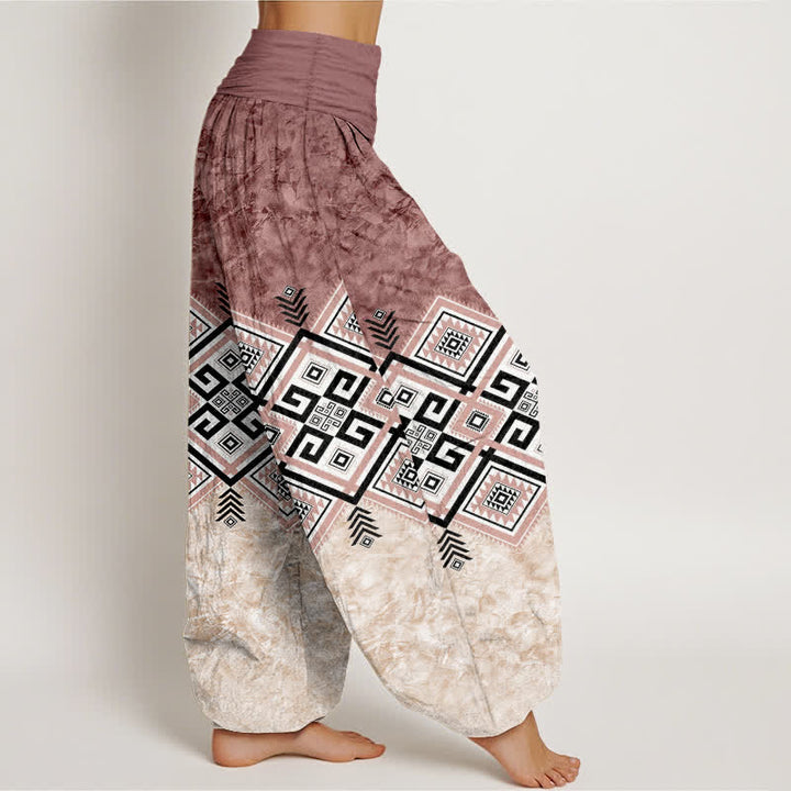 Buddha Stones Pantalones harem de algodón con estampado geométrico tribal para mujer con cintura elástica. - image 9