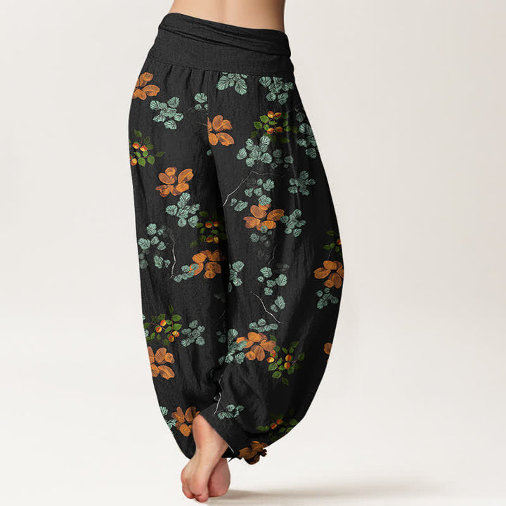 Buddha Stones Pantalones harem de algodón con estampado de flor de naranjo y hoja de menta para mujer, con cintura elástica. - image 2