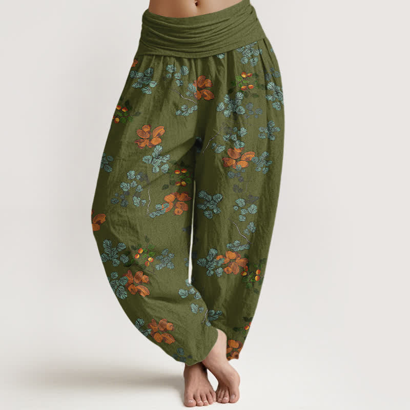 Buddha Stones Pantalones harem de algodón con estampado de flor de naranjo y hoja de menta para mujer, con cintura elástica. - Verde oliva - US16，UK/AU20，EU48 (3XL) - image 5