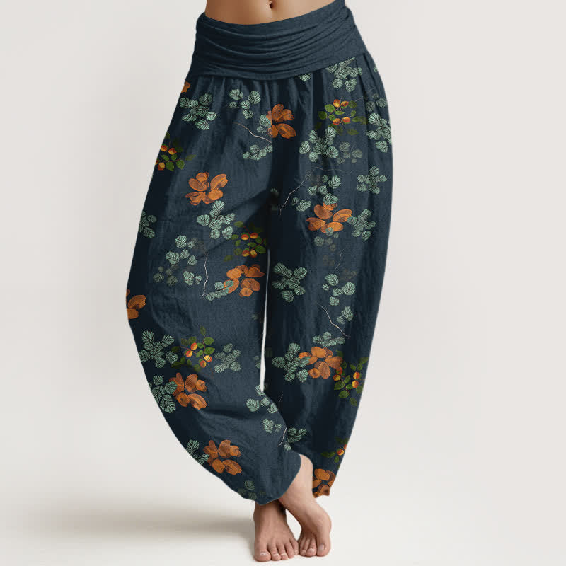 Buddha Stones Pantalones harem de algodón con estampado de flor de naranjo y hoja de menta para mujer, con cintura elástica. - Marina de guerra - US16，UK/AU20，EU48 (3XL) - image 8