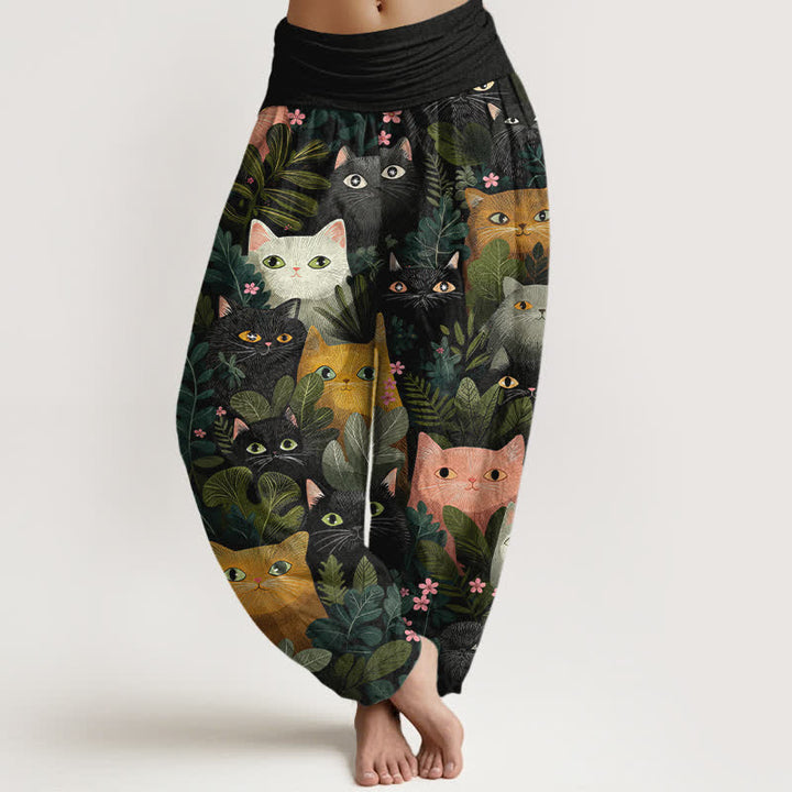 Buddha Stones Pantalones harem de algodón con estampado de gato de dibujos animados y hojas para mujer, con cintura elástica. - Negro - US16，UK/AU20，EU48 (3XL) - image 0
