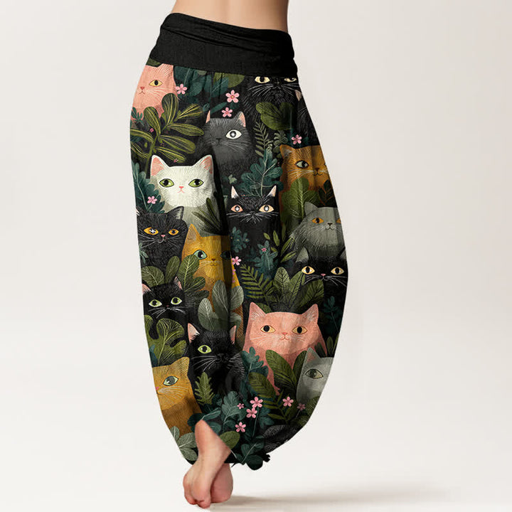 Buddha Stones Pantalones harem de algodón con estampado de gato de dibujos animados y hojas para mujer, con cintura elástica. - image 2