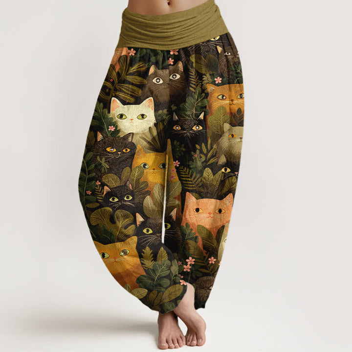 Buddha Stones Pantalones harem de algodón con estampado de gato de dibujos animados y hojas para mujer, con cintura elástica. - Aceituna - US16，UK/AU20，EU48 (3XL) - image 5