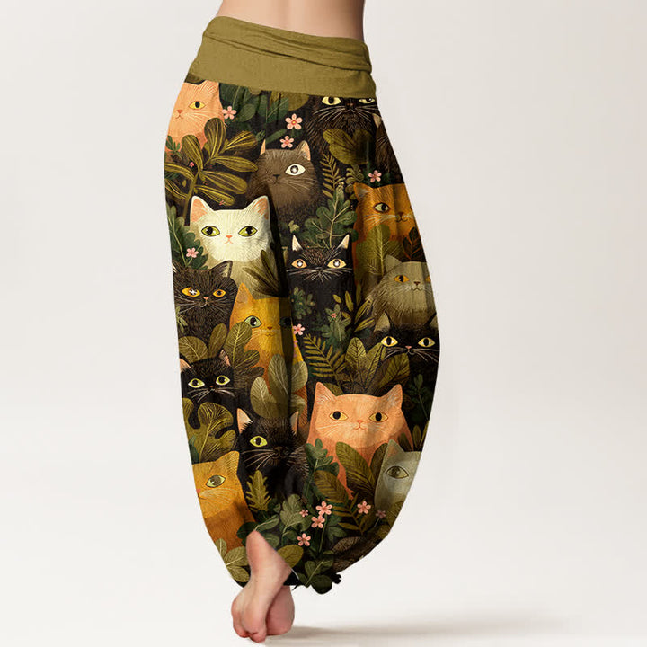 Buddha Stones Pantalones harem de algodón con estampado de gato de dibujos animados y hojas para mujer, con cintura elástica. - image 7