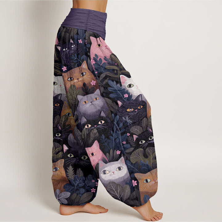 Buddha Stones Pantalones harem de algodón con estampado de gato de dibujos animados y hojas para mujer, con cintura elástica. - image 9
