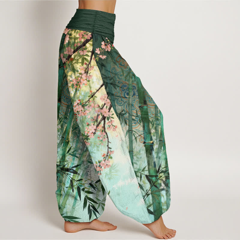 Buddha Stones Pantalones harem de mujer con cintura elástica y estampado de flores de cerezo y bambú de algodón. - image 1