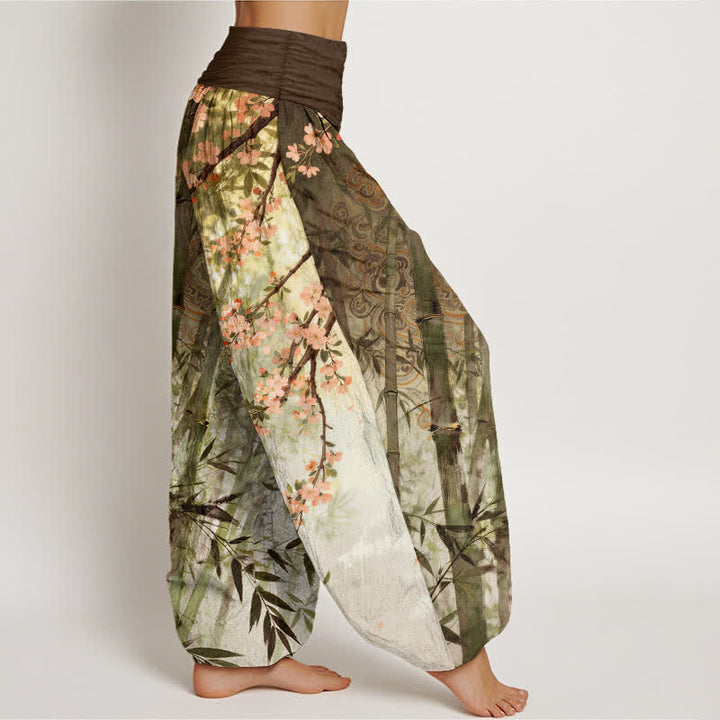 Buddha Stones Pantalones harem de mujer con cintura elástica y estampado de flores de cerezo y bambú de algodón. - image 6