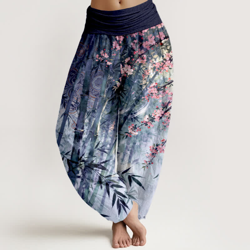 Buddha Stones Pantalones harem de mujer con cintura elástica y estampado de flores de cerezo y bambú de algodón. - Índigo - US16，UK/AU20，EU48 (3XL) - image 8