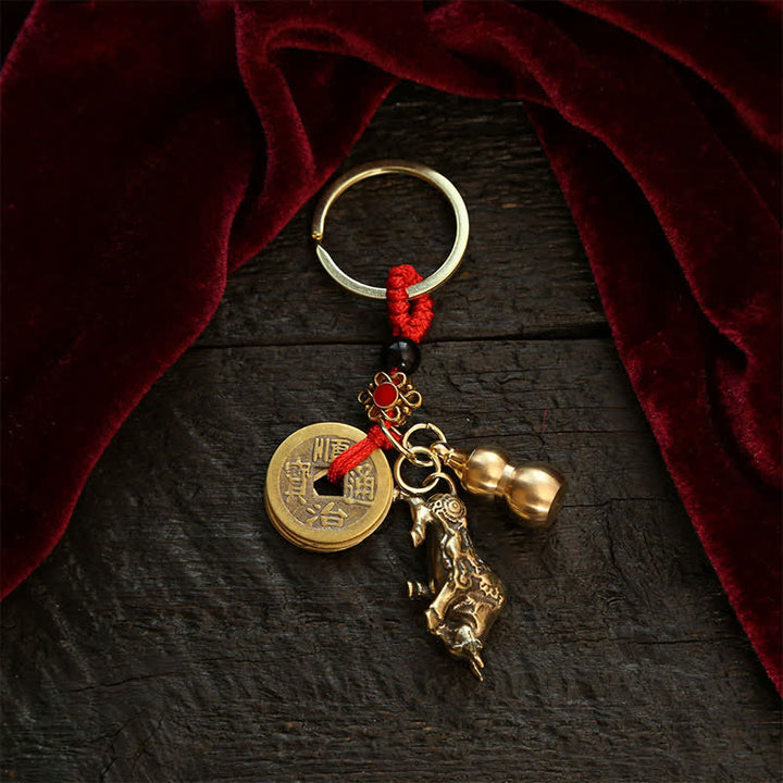 Buddha Stones Llaveros de calabaza con monedas de cobre del zodíaco chino de los cinco emperadores para la riqueza - Buey - image 2