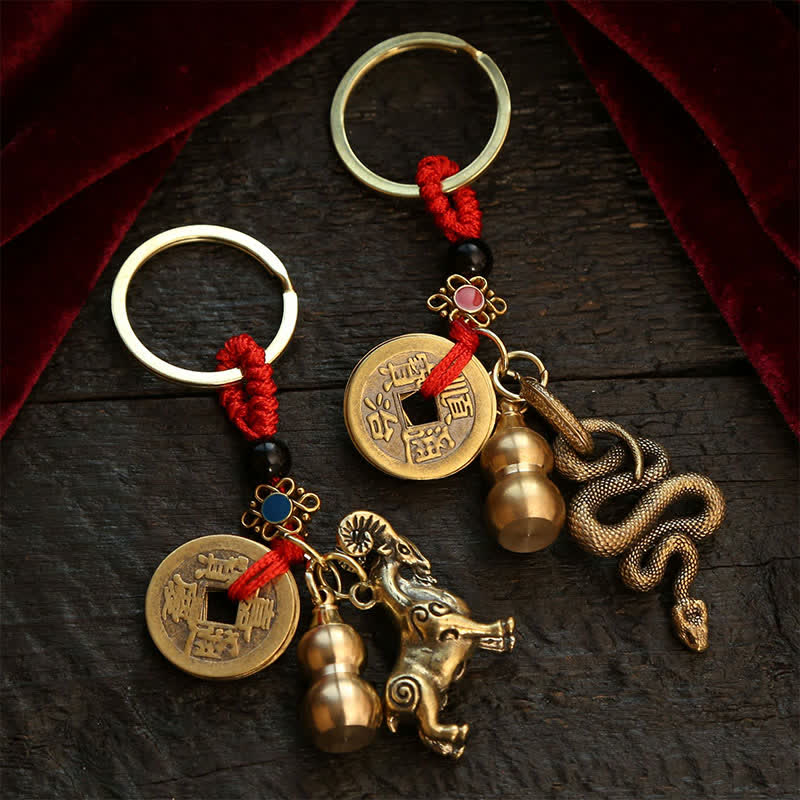Buddha Stones Llaveros de calabaza con monedas de cobre del zodíaco chino de los cinco emperadores para la riqueza - image 22